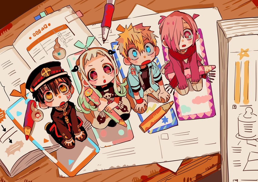 hanako, yashiro nene, mitsuba sousuke, and minamoto kou (jibaku shounen hanako-kun) drawn by hanoyuta