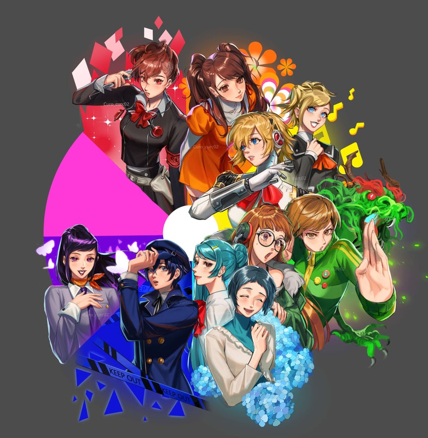 shirogane naoto, satonaka chie, aigis, kujikawa rise, shiomi kotone, and 6 more (persona and 8 more) drawn by curo_(curo_02)