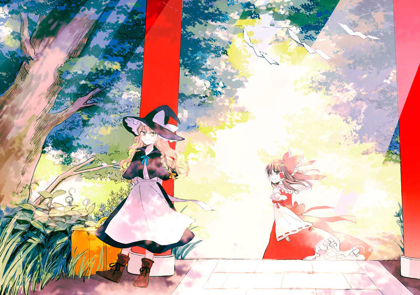 hakurei reimu and kirisame marisa (touhou) drawn by yonu_(yonurime)