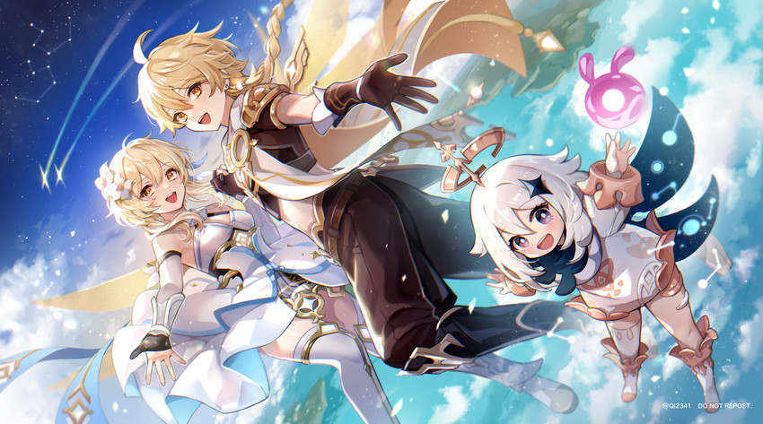 lumine, aether, paimon, and seelie (genshin impact) drawn by qi2341