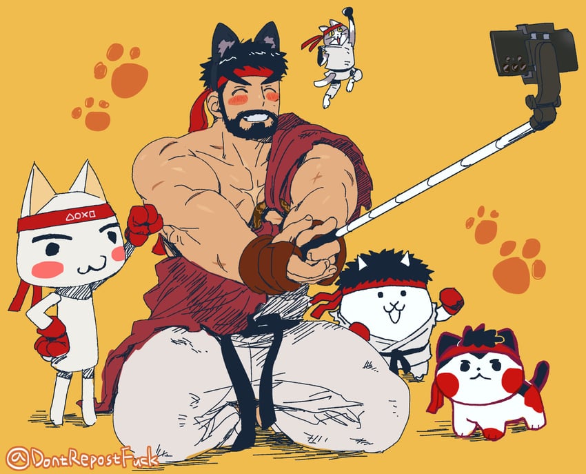 ryu, cat, inoue toro, genba neko, and hachimaki (street fighter and 5 more) drawn by d_i_l_f_hunter