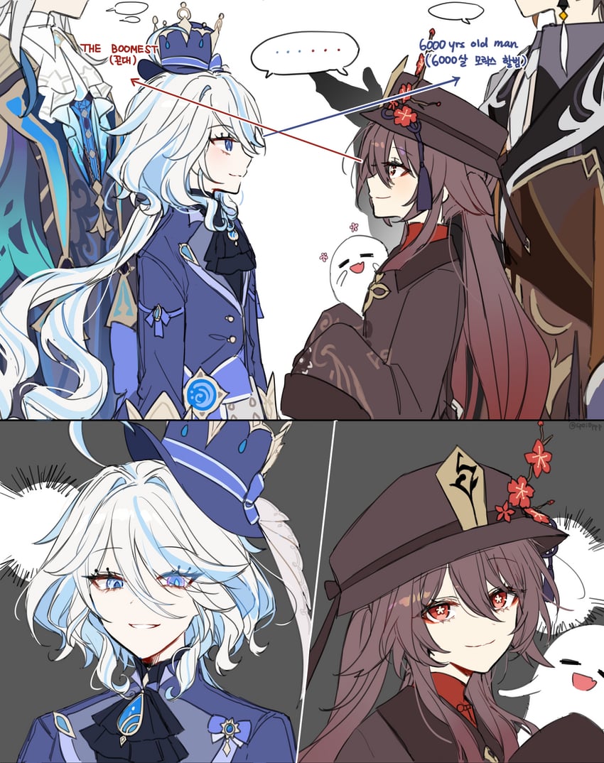 hu tao, furina, zhongli, boo tao, and neuvillette (genshin impact) drawn by sp0i0ppp