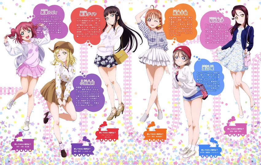 watanabe you, sakurauchi riko, takami chika, kurosawa dia, kurosawa ruby, and 1 more (love live! and 1 more)