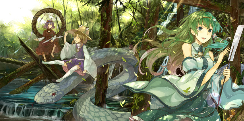 kochiya sanae, moriya suwako, and yasaka kanako (touhou and 1 more) drawn by kazabana_fuuka