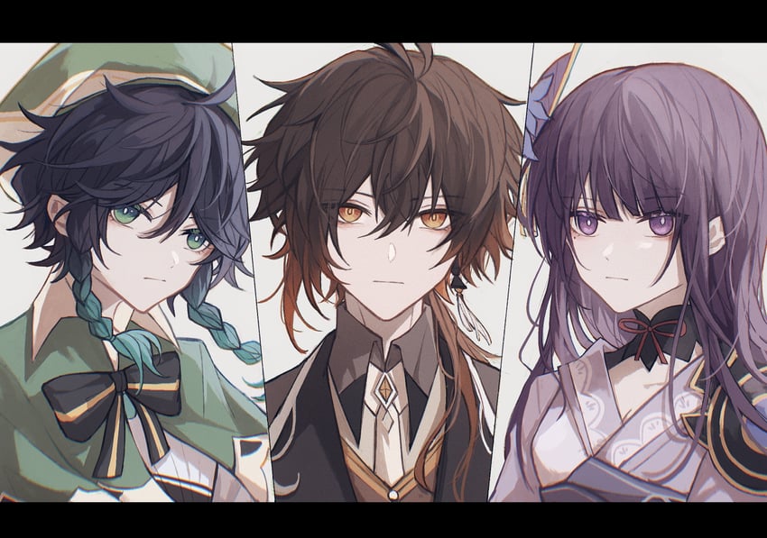 raiden shogun, zhongli, and venti (genshin impact) drawn by yamainonuma