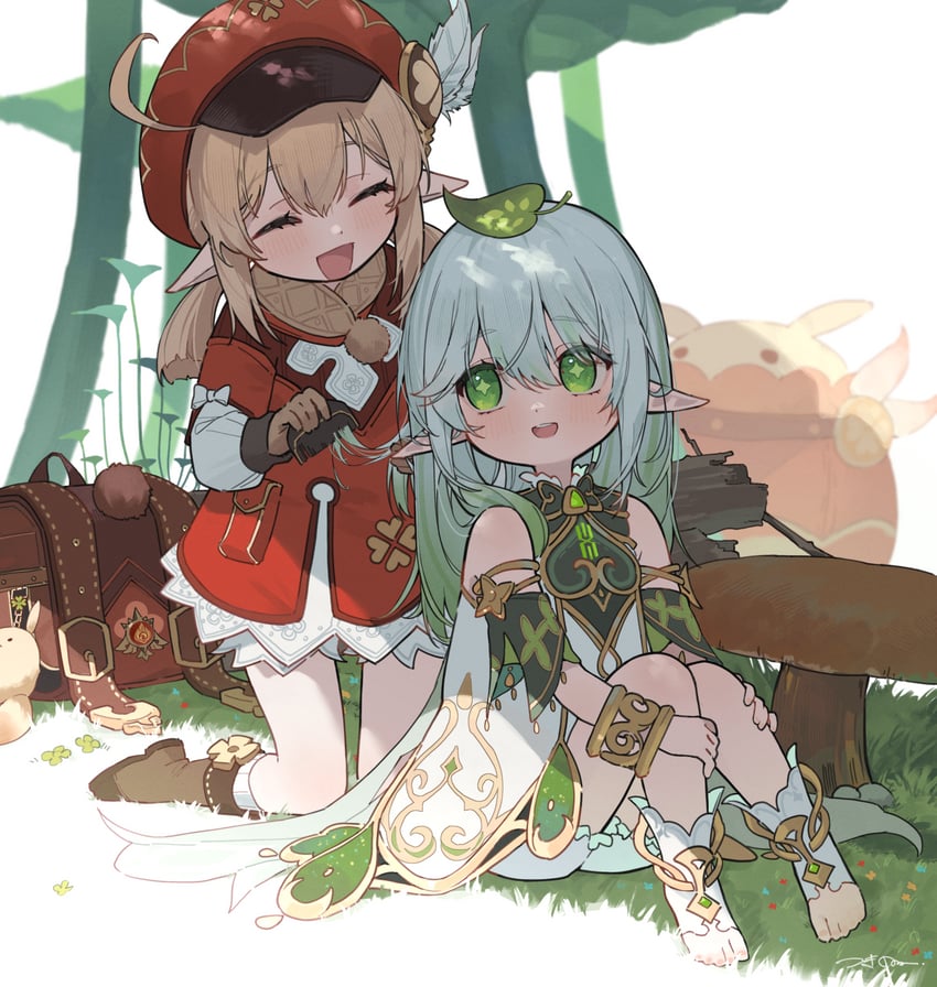 nahida, klee, dodoco, and jumpy dumpty (genshin impact) drawn by tsukino_(nakajimaseiki)