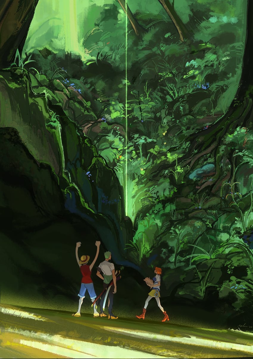 nami, monkey d. luffy, and roronoa zoro (one piece) drawn by avenoirn