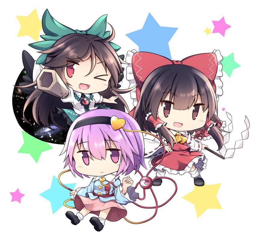 hakurei reimu, komeiji satori, and reiuji utsuho (touhou) drawn by nogisaka_kushio