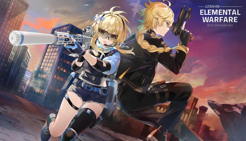 lumine and aether (genshin impact) drawn by soraneko_hino
