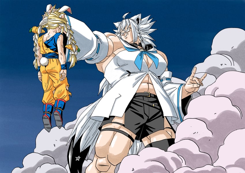 shirakami fubuki, usada pekora, son goku, and broly (hololive and 2 more) drawn by forest_1988