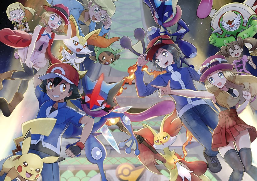 pikachu, ash ketchum, serena, calem, braixen, and 9 more (pokemon and 1 more) drawn by dosya_252