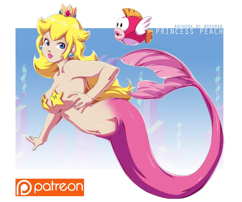 princess peach, cheep cheep, and mermaid peach (mario) drawn by bokuman