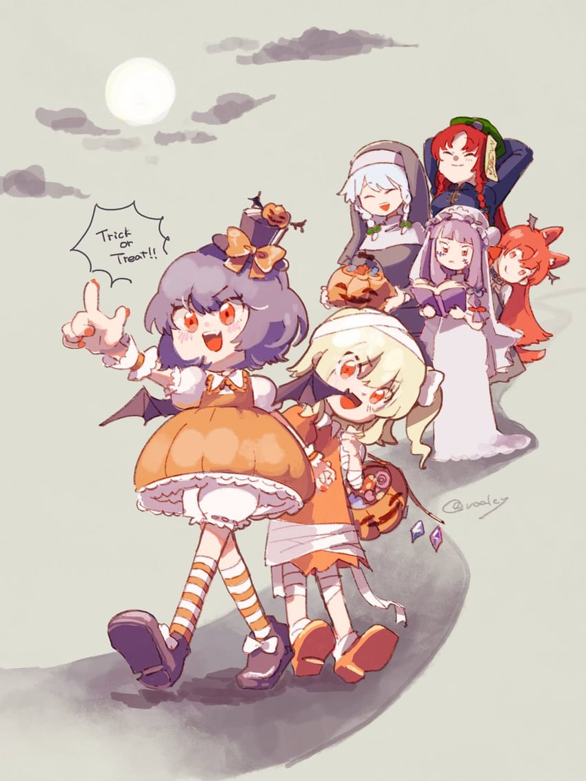 remilia scarlet, flandre scarlet, izayoi sakuya, patchouli knowledge, hong meiling, and 1 more (touhou and 1 more) drawn by voal