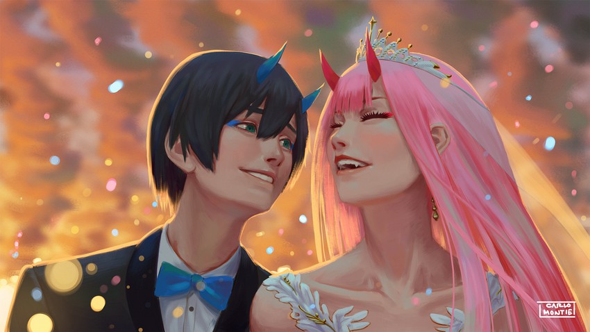 zero two and hiro (darling in the franxx) drawn by carlo_montie