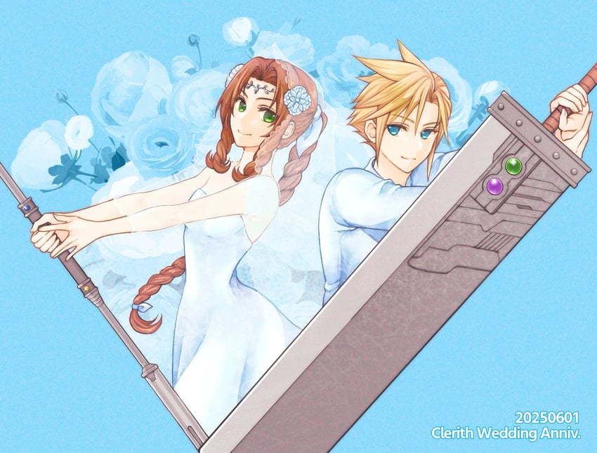 cloud strife and aerith gainsborough (final fantasy and 1 more) drawn by kaeru_game2