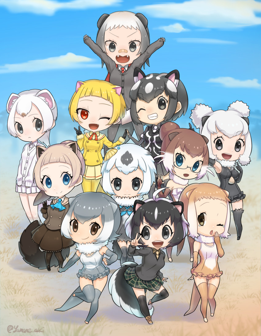 small-clawed otter, japanese otter, spotted skunk, stoat, californian sea otter, and 6 more (kemono friends) drawn by aki_yamane