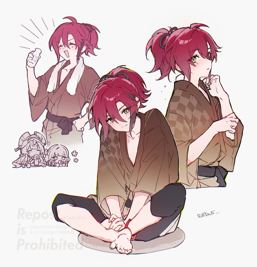 raiden shogun, shikanoin heizou, and yumemizuki mizuki (genshin impact) drawn by mochimiya_(coyo)