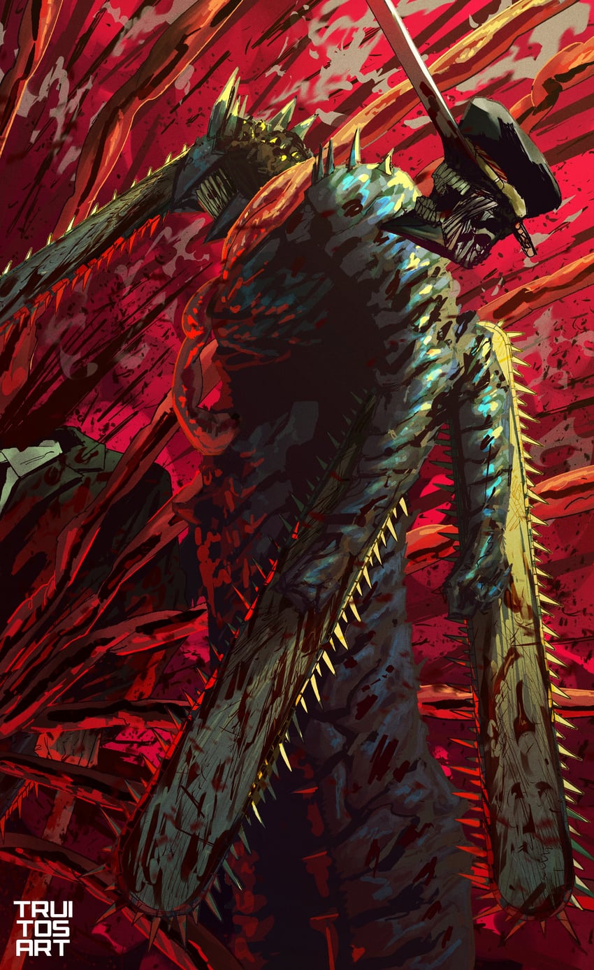 katana man and chainsaw devil (chainsaw man) drawn by truitosart