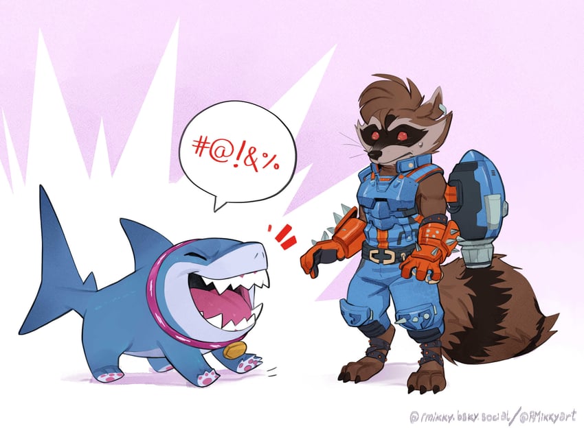 rocket raccoon and jeff the land shark (marvel and 2 more) drawn by r.mikky