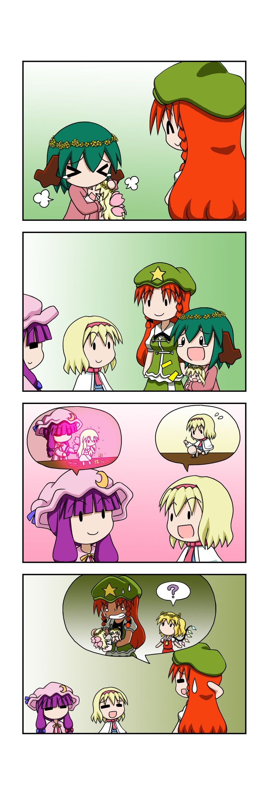 flandre scarlet, alice margatroid, patchouli knowledge, hong meiling, kasodani kyouko, and 1 more (touhou) drawn by rakugaki-biyori