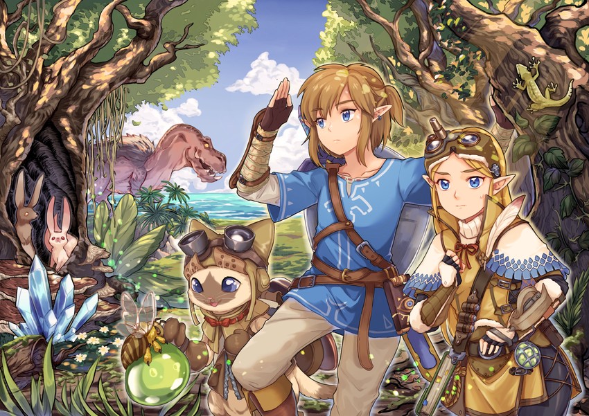 link, princess zelda, player palico, handler, and anjanath (the legend of zelda and 3 more) drawn by hijiri_haku_osame