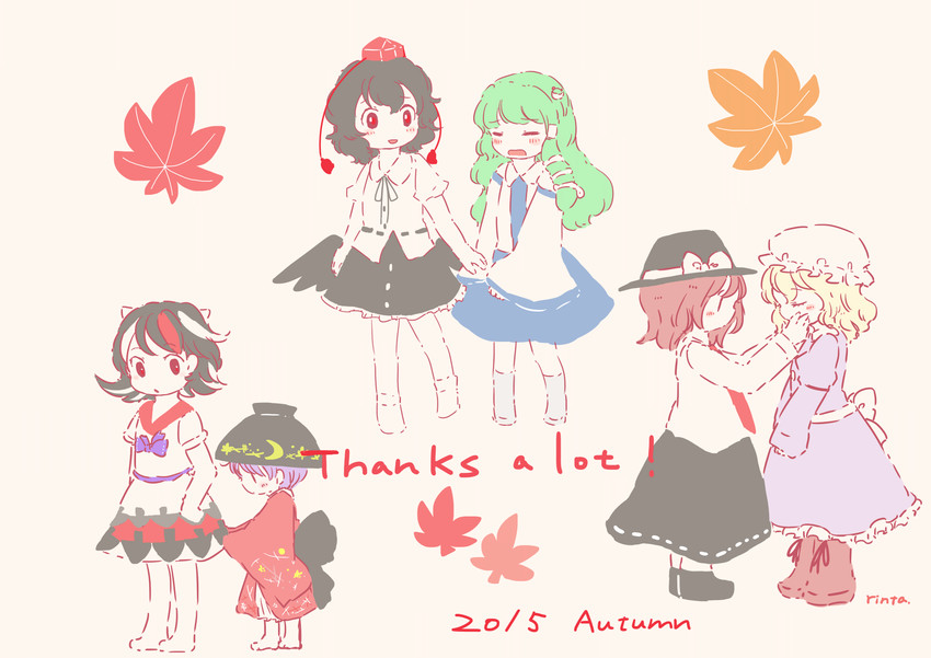 kochiya sanae, shameimaru aya, usami renko, maribel hearn, kijin seija, and 1 more (touhou) drawn by rin_tarou