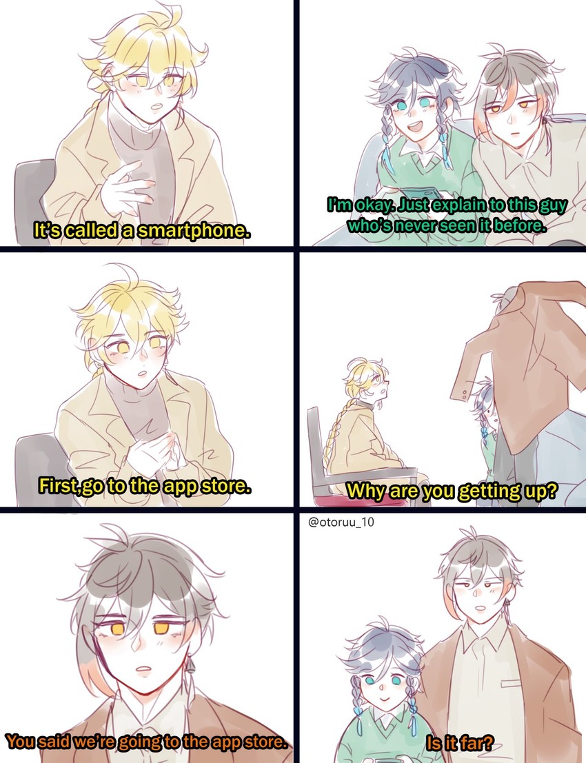 aether, zhongli, and venti (genshin impact) drawn by otoruu_10