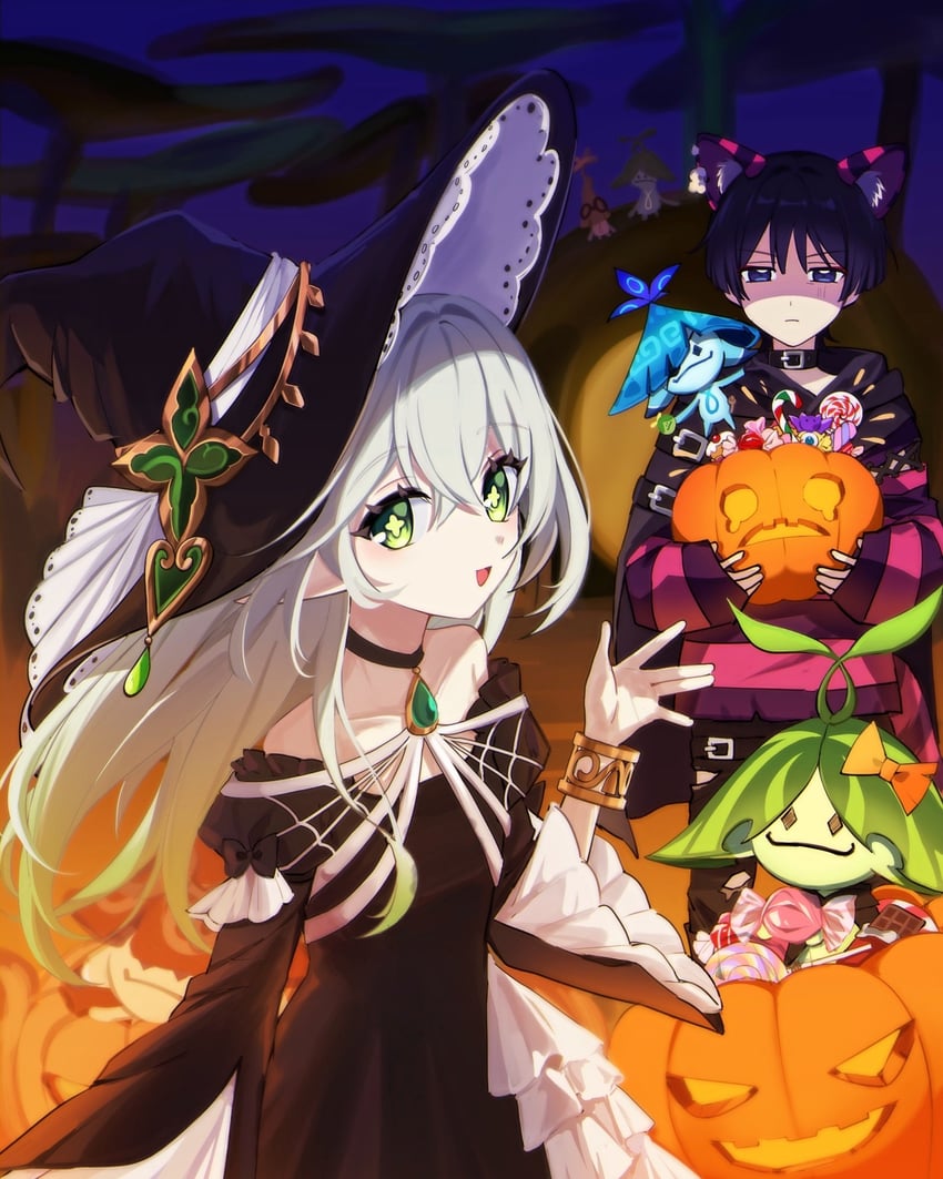 scaramouche, nahida, wanderer, and aranara (genshin impact) drawn by u_u_k_e_n