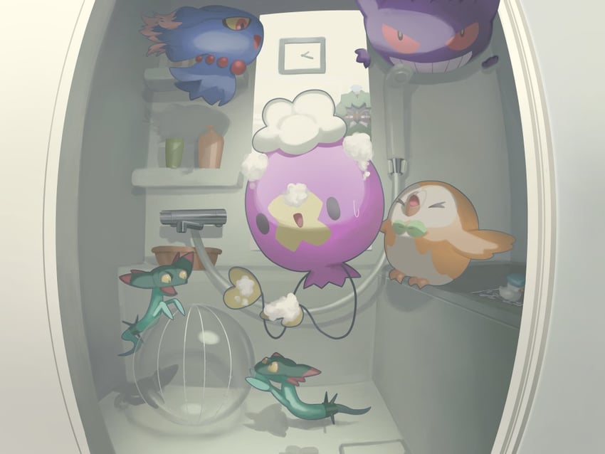 rowlet, gengar, drifloon, quaxly, misdreavus, and 2 more (pokemon) drawn by mokukitusui