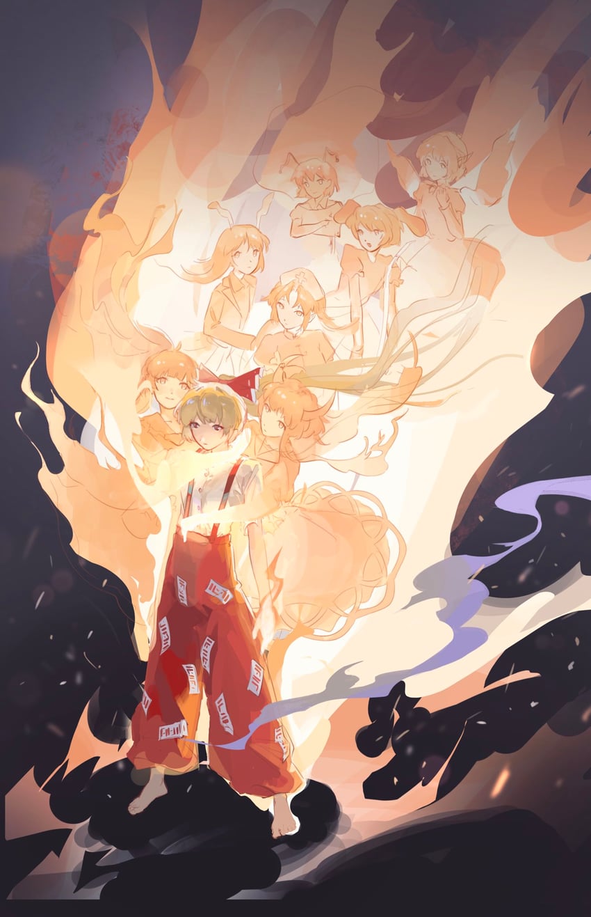 reisen udongein inaba, fujiwara no mokou, kamishirasawa keine, houraisan kaguya, mystia lorelei, and 3 more (touhou and 1 more) drawn by capybara_(trafficcone09)