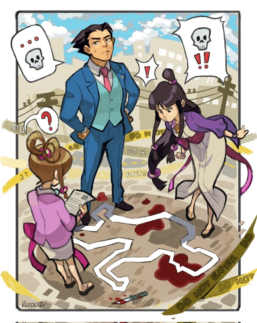 phoenix wright, maya fey, and pearl fey (ace attorney) drawn by rica_diaz