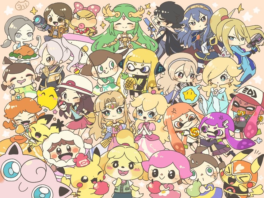 inkling player character, pikachu, princess zelda, inkling girl, princess peach, and 23 more (pokemon and 22 more) drawn by yoshishi_(yosisitoho)
