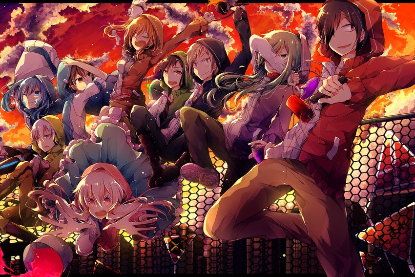 kozakura marry, kisaragi shintarou, kido tsubomi, ene, kano shuuya, and 4 more (kagerou project and 1 more) drawn by nyowaa417