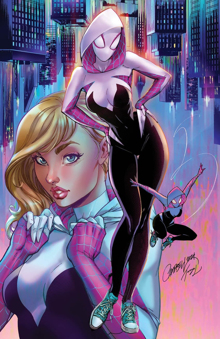 spider-gwen and gwen stacy (marvel and 1 more) drawn by j._scott_campbell and tanya_lehoux