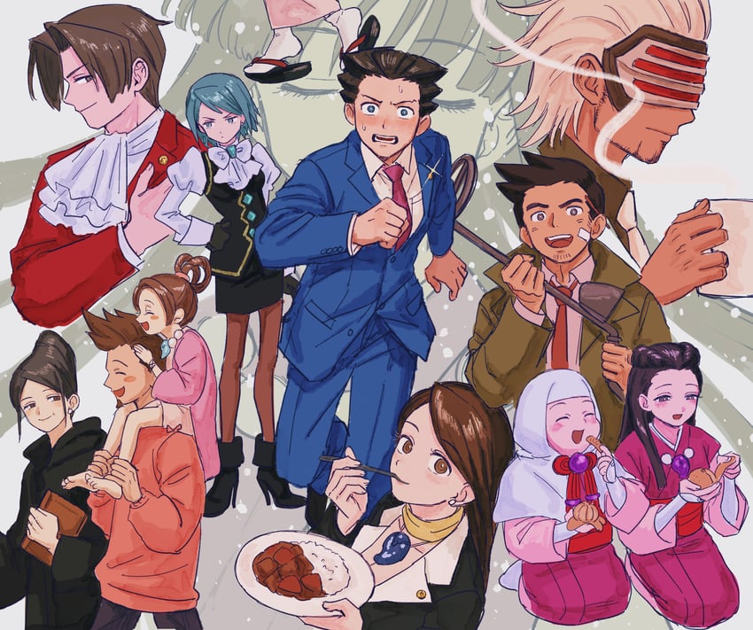 phoenix wright, miles edgeworth, maya fey, franziska von karma, dick gumshoe, and 7 more (ace attorney and 1 more) drawn by renshu_usodayo