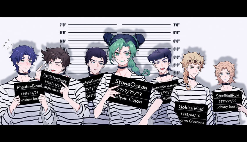 joseph joestar, kujo jotaro, kujo jolyne, giorno giovanna, jonathan joestar, and 2 more (jojo no kimyou na bouken and 7 more) drawn by chuchumimipupu