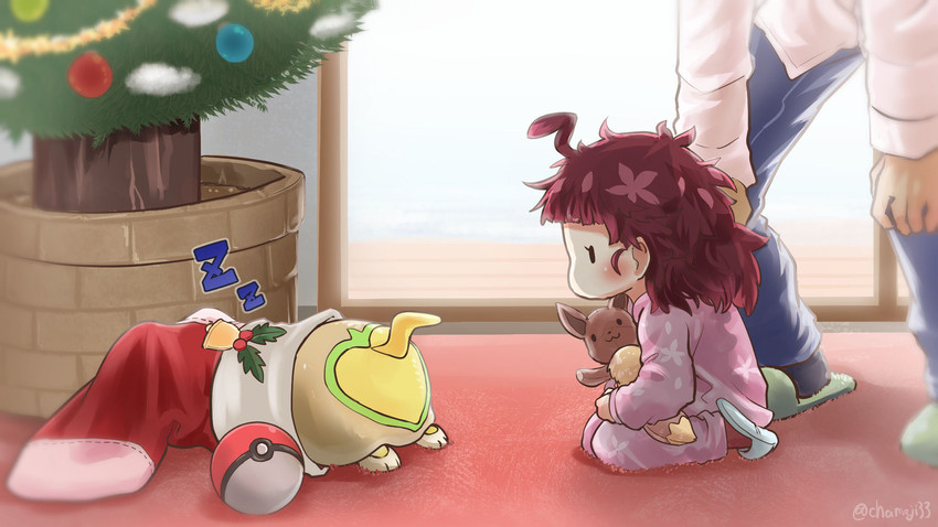 eevee, yamper, chloe, and professor cerise (pokemon and 1 more) drawn by chamaji