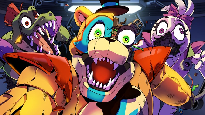 freddy fazbear, chica, glamrock freddy, montgomery gator, and glamrock chica (five nights at freddy's and 1 more) drawn by fullbban_g