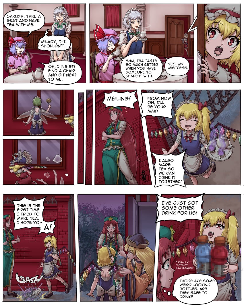 remilia scarlet, flandre scarlet, izayoi sakuya, hong meiling, matara okina, and 1 more (touhou and 1 more) drawn by buhbuhbored