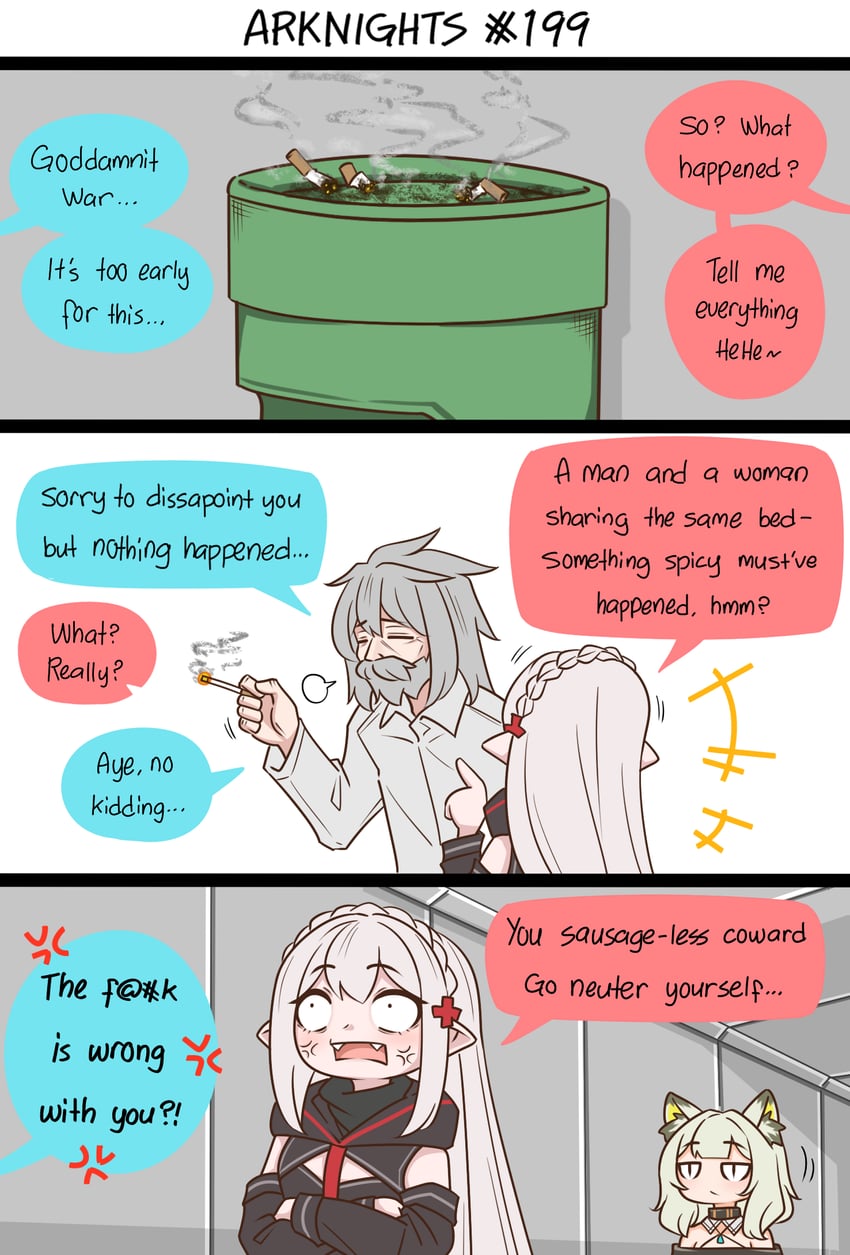 doctor, kal'tsit, male doctor, warfarin, and old man (arknights) drawn by guin_guin
