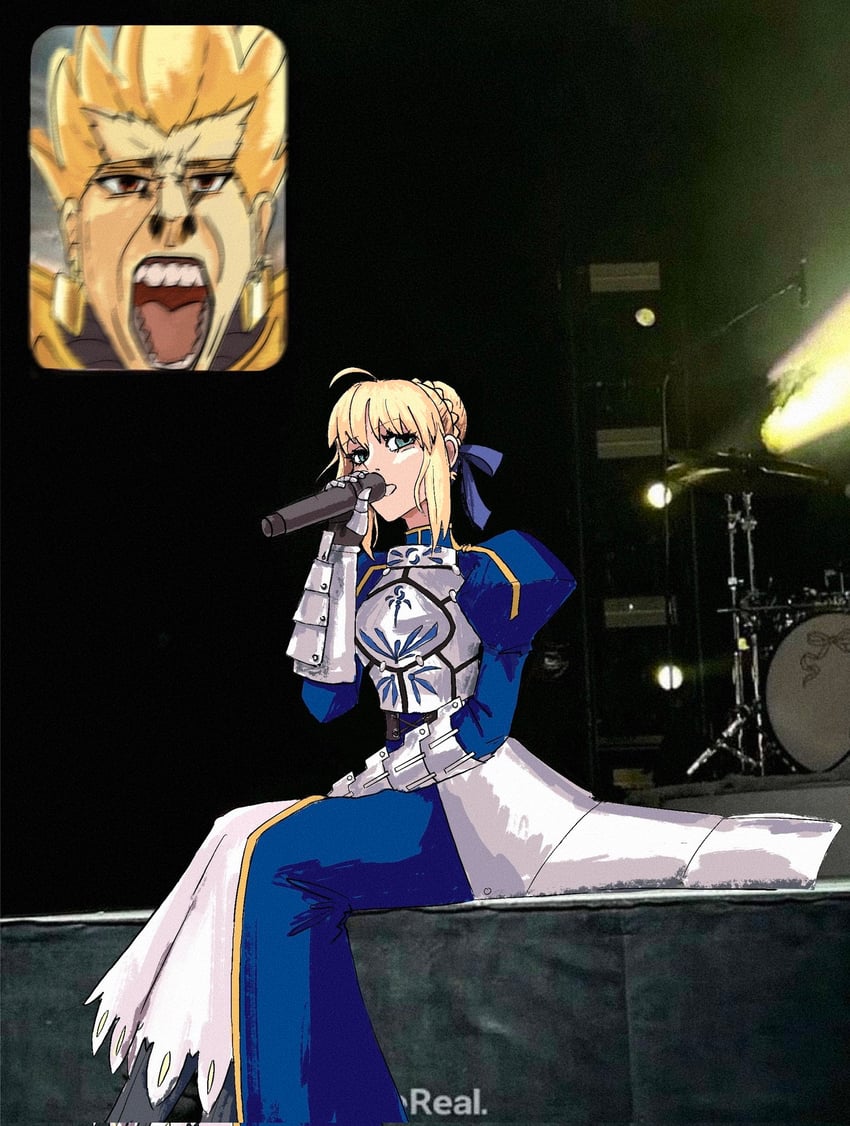 artoria pendragon, saber, and gilgamesh (fate and 2 more) drawn by evangelina_cos