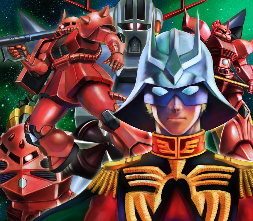 char aznable, zaku ii, zaku ii s char custom, z'gok, zeong, and 3 more (gundam and 1 more) drawn by yusao