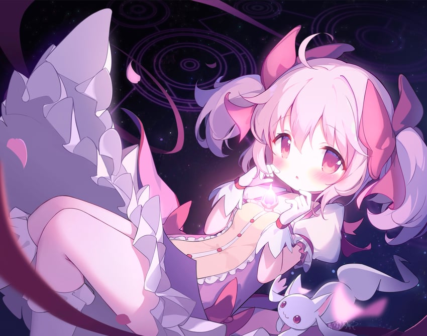 kaname madoka and kyubey (mahou shoujo madoka magica) drawn by seagateee