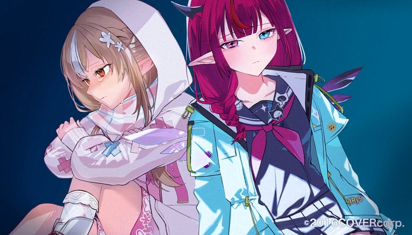 shiranui flare and irys (hololive and 1 more) drawn by maronrice