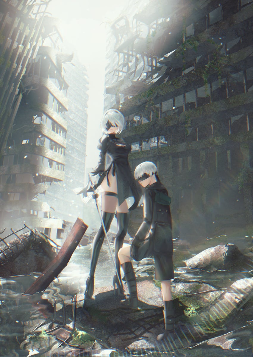 2b and 9s (nier and 1 more) drawn by shikan