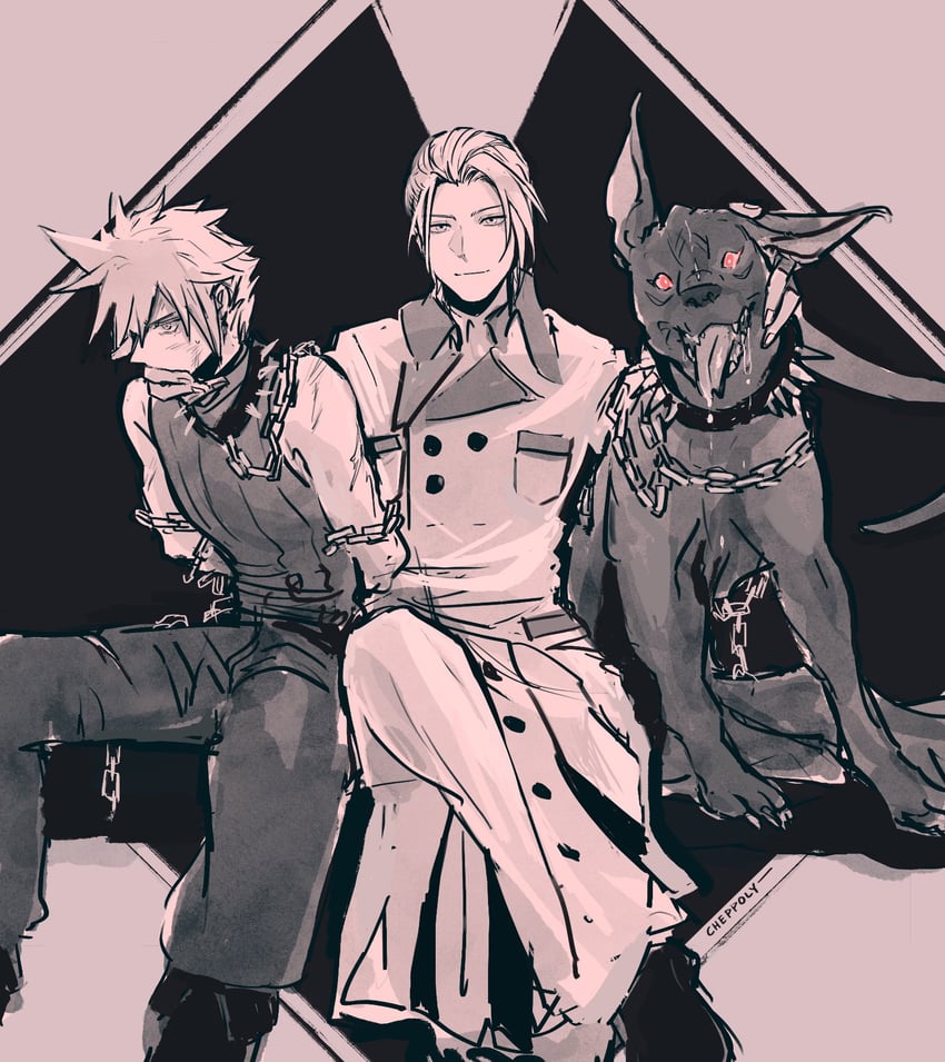 cloud strife, rufus shinra, and dark nation (final fantasy and 3 more) drawn by cheppo