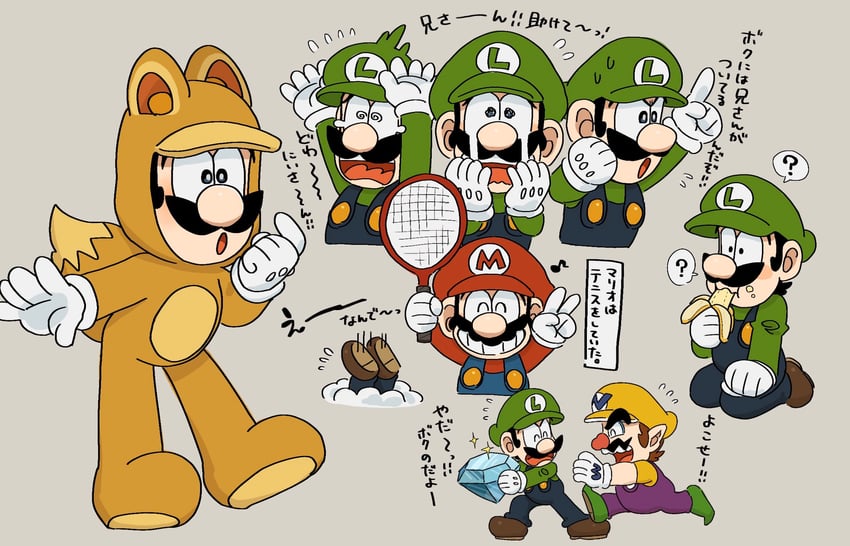 mario, luigi, wario, and kitsune luigi (mario and 1 more) drawn by mimimi_(mimimim9999)