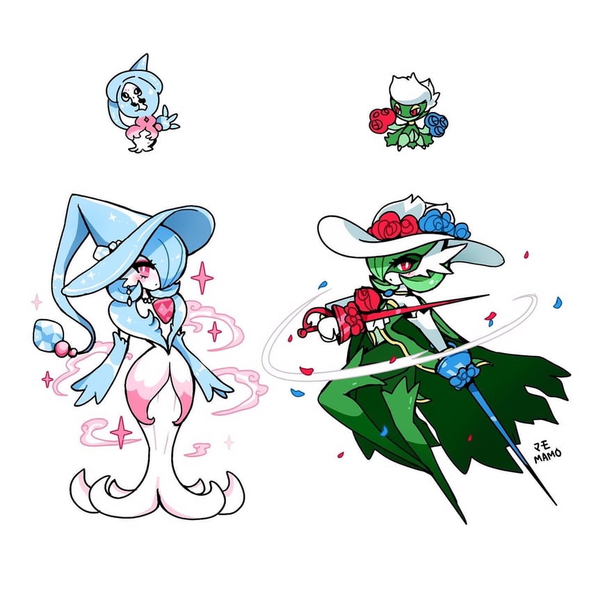 gardevoir, mega gardevoir, hatterene, and roserade (pokemon) drawn by mamobot