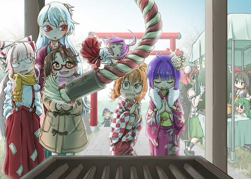 hakurei reimu, kirisame marisa, fujiwara no mokou, kamishirasawa keine, ibaraki kasen, and 5 more (touhou) drawn by chamaji