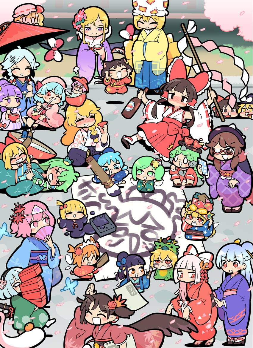 hakurei reimu, kirisame marisa, remilia scarlet, flandre scarlet, izayoi sakuya, and 21 more (touhou) drawn by moyazou_(kitaguni_moyashi_seizoujo)